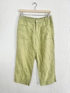 SIGRID OLSEN 100% Linen Wide Leg Pants Green‎ Size 6 Lagenlook Relaxed Casual